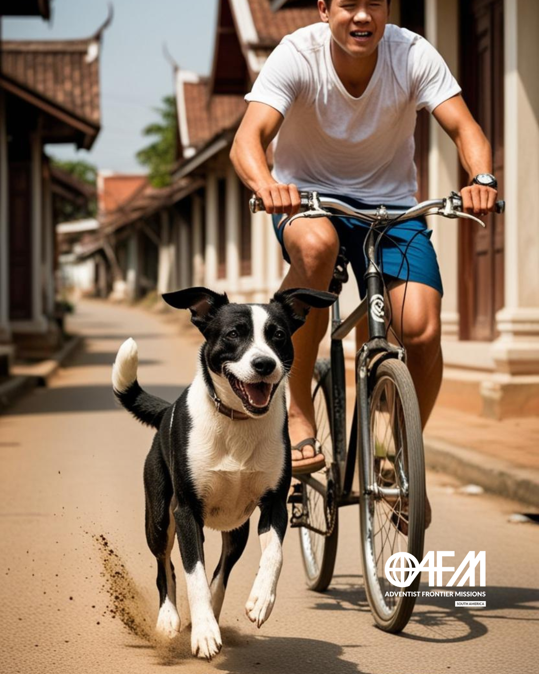 vira-lata correndo ao lado de bicicleta