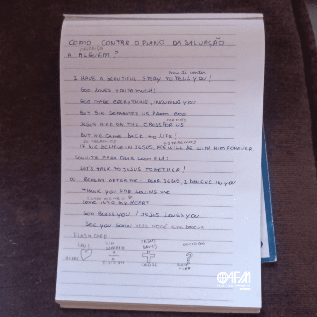 SEMENTES - página do caderno da Eloise com um esboço do plano da salvação e o roteiro de uma conversa.